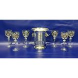 Set of six Bohemian ruby flash cut wine glasses and a chrome ice bucket with lion mask handles