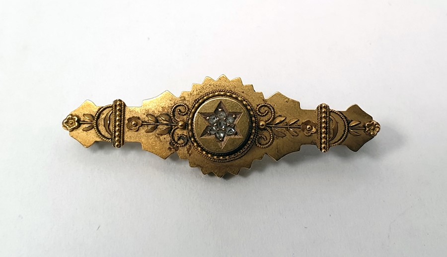 15ct gold and diamond bar brooch, scroll wire applied to the matt ground, set with small old cut - Image 2 of 2