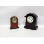 Edwardian rosewood and satinwood inlaid mantel clock with domed top, enamelled dial, roman