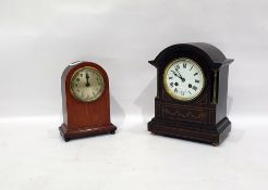 Edwardian rosewood and satinwood inlaid mantel clock with domed top, enamelled dial, roman