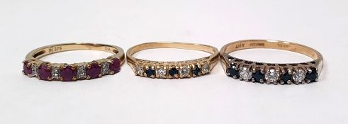 Diamond and ruby half-eternity ring marked '375', a 9ct gold, sapphire and diamond half-eternity