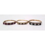 Diamond and ruby half-eternity ring marked '375', a 9ct gold, sapphire and diamond half-eternity