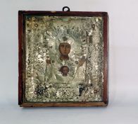 Eastern white metal and oil painted icon of the Virgin and Child, with white metal surround set