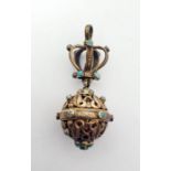 Late 19th/early 20th century gilt metal pomander, the hinged spherical body with pierced foliate