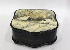Russian Fedoskino decorated lacquer box, the lid depicting wintry scene, signed 'Snezhkova(?)', 13cm