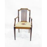 Early 20th century satin walnut and inlaid stickback arm chair with needlework upholstered seat