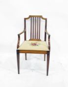 Early 20th century satin walnut and inlaid stickback arm chair with needlework upholstered seat