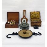 Three boxes of sewing related items, a modern barometer and a set of Salters meat scales