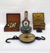 Three boxes of sewing related items, a modern barometer and a set of Salters meat scales