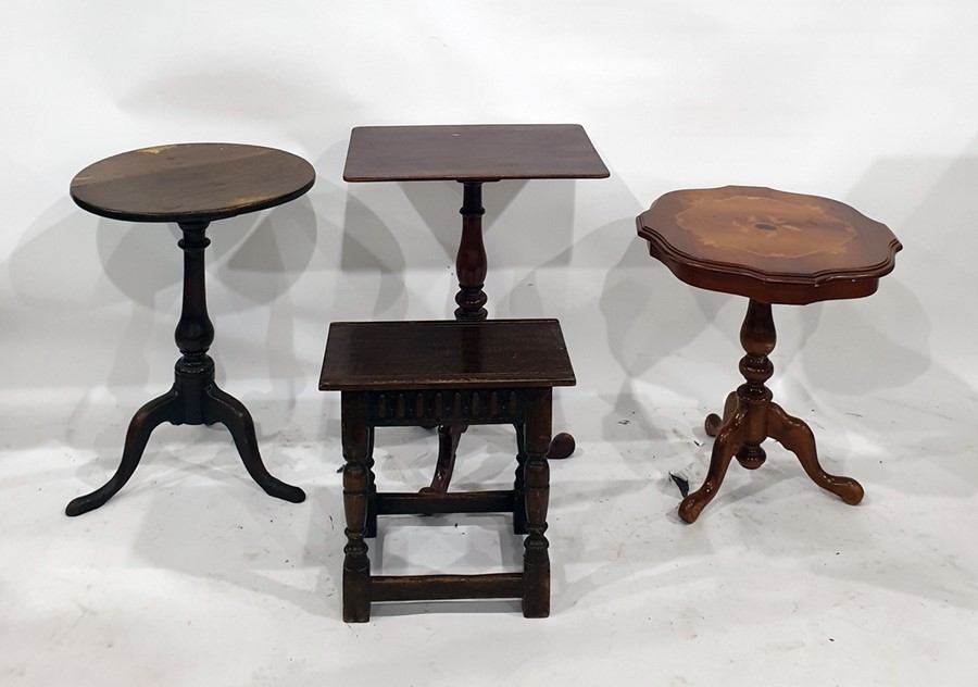 20th century oak coffin-type stool with turned supports to block feet and stretchered base, an oak