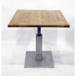 Oak square topped table on steel support, width 75cms together with a square top table on steel