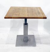 Oak square topped table on steel support, width 75cms together with a square top table on steel