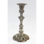 Edwardian silver candlestick, baluster shaped and rococo design, filled, Sheffield 1903 by