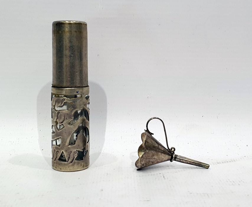 Travelling perfume bottle with overlaid silver mounts, of cylindrical  form and a silver perfume