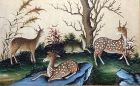 Chinese rice paper painting, study of four deer in landscape, 17cm x 29.5cm, framed and glazed