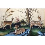 Chinese rice paper painting, study of four deer in landscape, 17cm x 29.5cm, framed and glazed