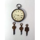 Continental silver pocket watch, key winding with .935 mark and three watch keys