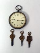 Continental silver pocket watch, key winding with .935 mark and three watch keys