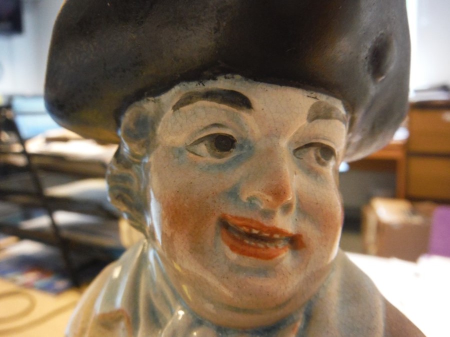19th century Toby character jug standing figure with tri-form hat, clay pipe, holding jug of ale, on - Image 3 of 12