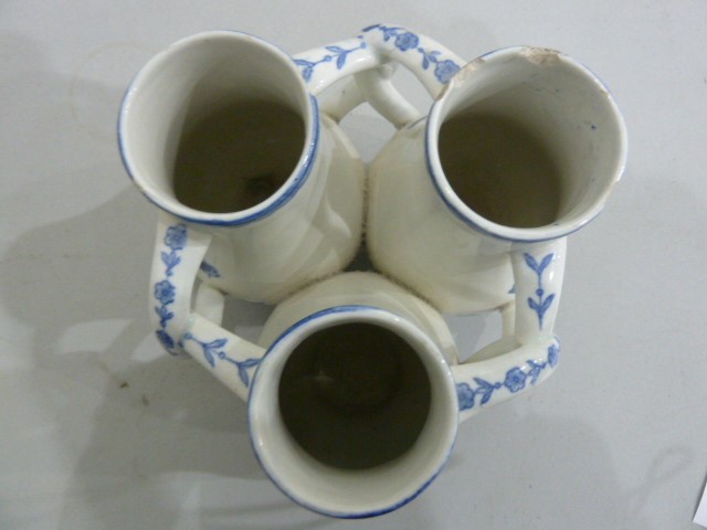 Delft fuddling cup with three beakers, of baluster form with interlocking handles, underglaze blue - Image 2 of 6