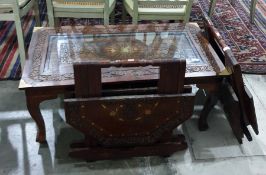 20th century Eastern hardwood, foliate carved and brass inlaid coffee table and two similar