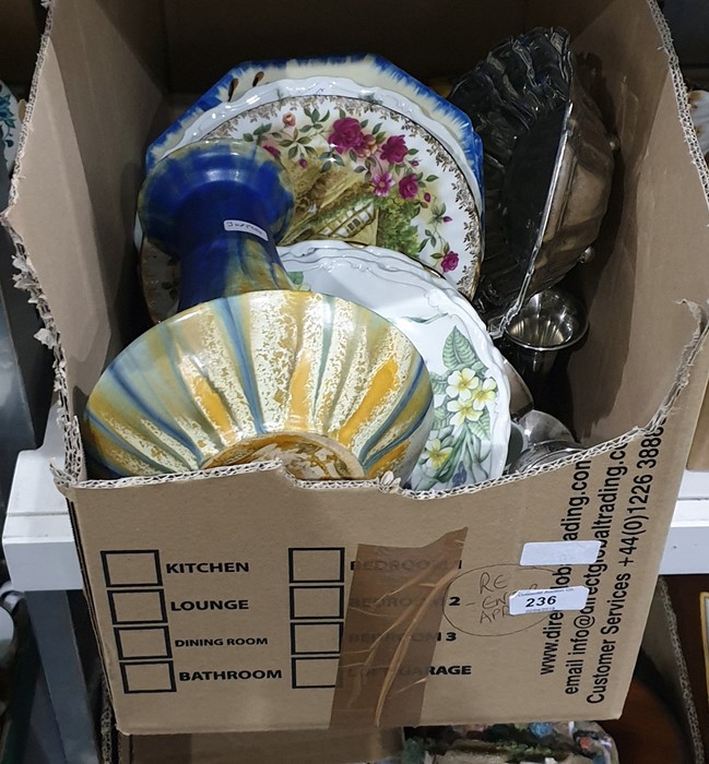 Box of various silver plate goblets, trays, etc and various Royal Albert plates to include 'Spring