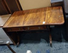 20th century yew wood sofa table with reeded edge above two drawers, the turned end supports