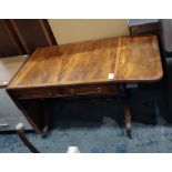 20th century yew wood sofa table with reeded edge above two drawers, the turned end supports