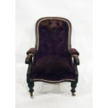 Early Victorian salon chair with mahogany frame and plum coloured button-back upholstery,