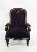 Early Victorian salon chair with mahogany frame and plum coloured button-back upholstery,