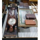 Oak carcase of a longcase clock including the hood, a barometer, a framed print and two boxes of
