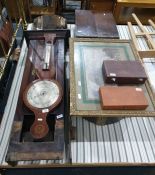 Oak carcase of a longcase clock including the hood, a barometer, a framed print and two boxes of