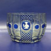 Late 19th century panelled clear glass finger bowl with blue glass overlay and with central sulphide