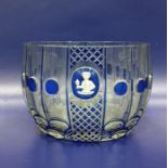 Late 19th century panelled clear glass finger bowl with blue glass overlay and with central sulphide