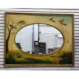 Late 19th century oval wall mirror, the hand-painted frame featuring assorted birds, 84.5cm x 112.