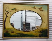 Late 19th century oval wall mirror, the hand-painted frame featuring assorted birds, 84.5cm x 112.