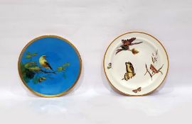 Victorian Minton cabinet plate on turquoise ground hand-painted with bird on oak tree branch, 24cm