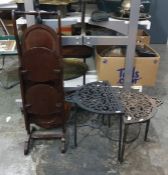 Two iron trivets, a folding mahogany cakestand and a copper bed warming pan