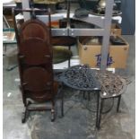 Two iron trivets, a folding mahogany cakestand and a copper bed warming pan