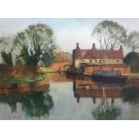 Bill Adams Oil on board  Canal scene with canal boats and cottage in the background, signed lower