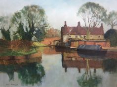 Bill Adams Oil on board  Canal scene with canal boats and cottage in the background, signed lower