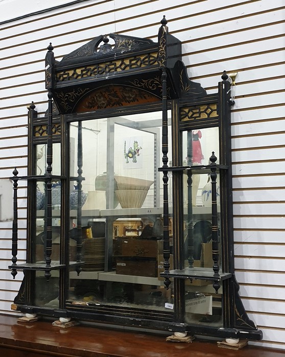 Late Victorian overmantel mirror with black lacquer and gilt decoration, broken arch pediment,