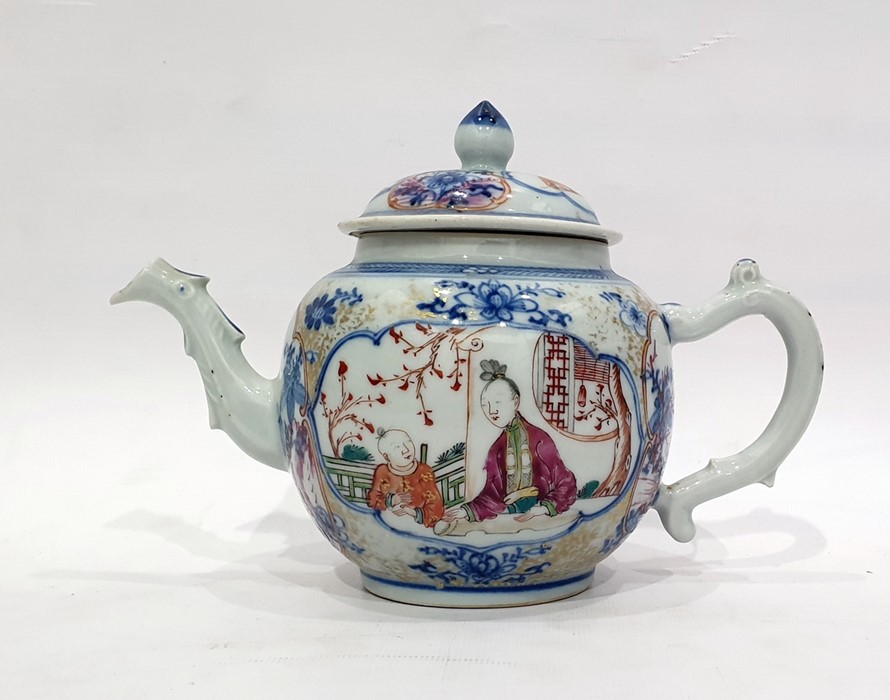 18th century Chinese export porcelain teapot, the bulbous body decorated with panels of figures,