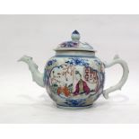 18th century Chinese export porcelain teapot, the bulbous body decorated with panels of figures,