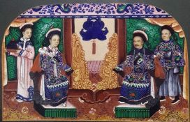 Chinese rice paper painting, portrait of dignitaries, husband and wife, seated on thrones, with