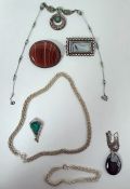 Silver-coloured metal brooch set with grey agate, in oblong setting, a silver plaited necklace and