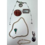 Silver-coloured metal brooch set with grey agate, in oblong setting, a silver plaited necklace and