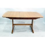 20th century light elm Ercol extending dining table on end pillar supports united by stretcher