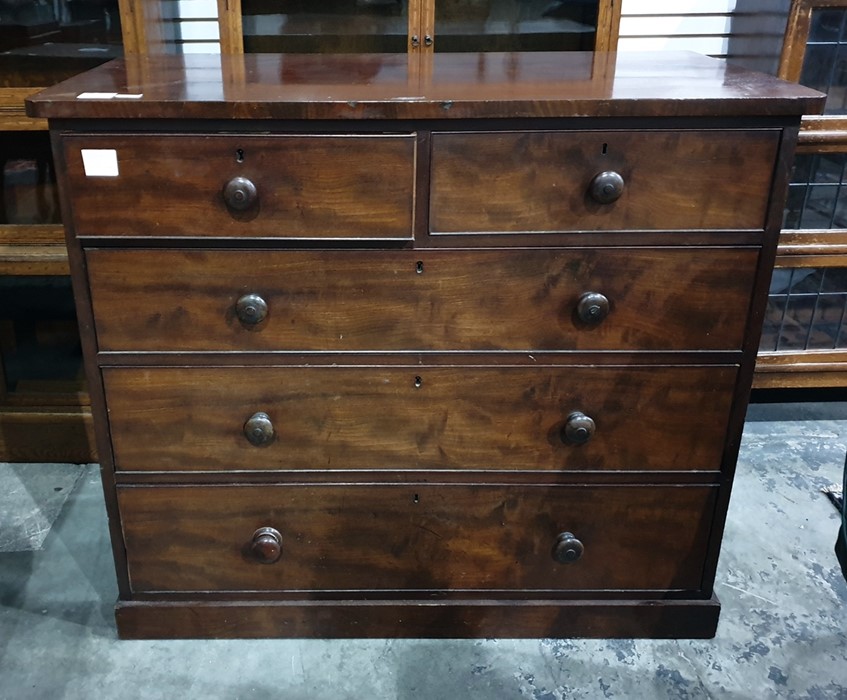 19th century mahogany chest of two short over three long drawers, to plinth base, 111.5cm