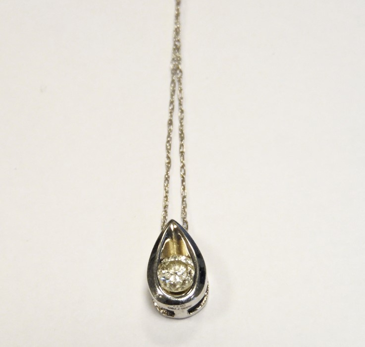 10k white gold and white stone pendant, set single stone in openwork tear-shaped surround, and